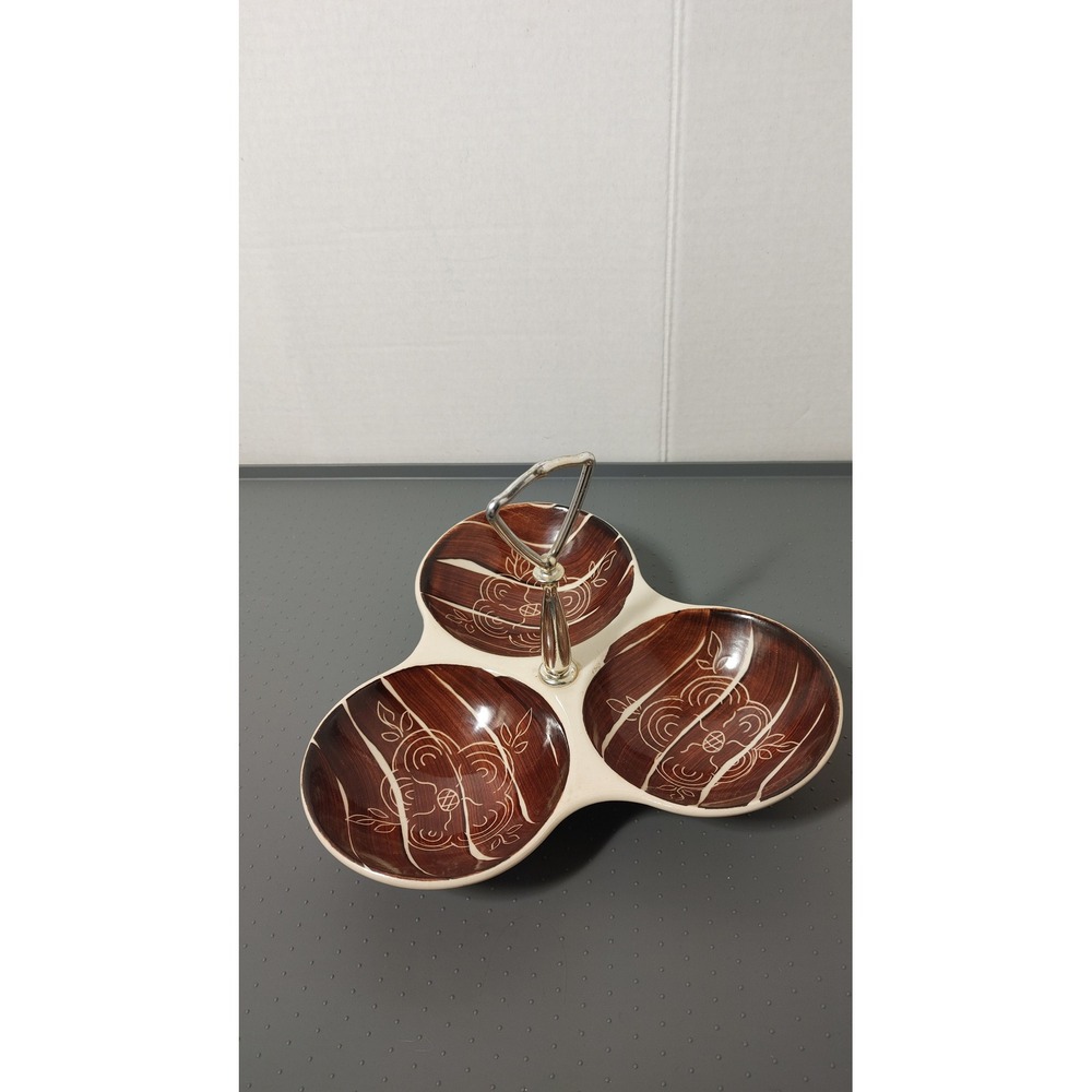 Divided Serving Dish Unisex N/A Brown Excellent MCM Floral Handle 9in